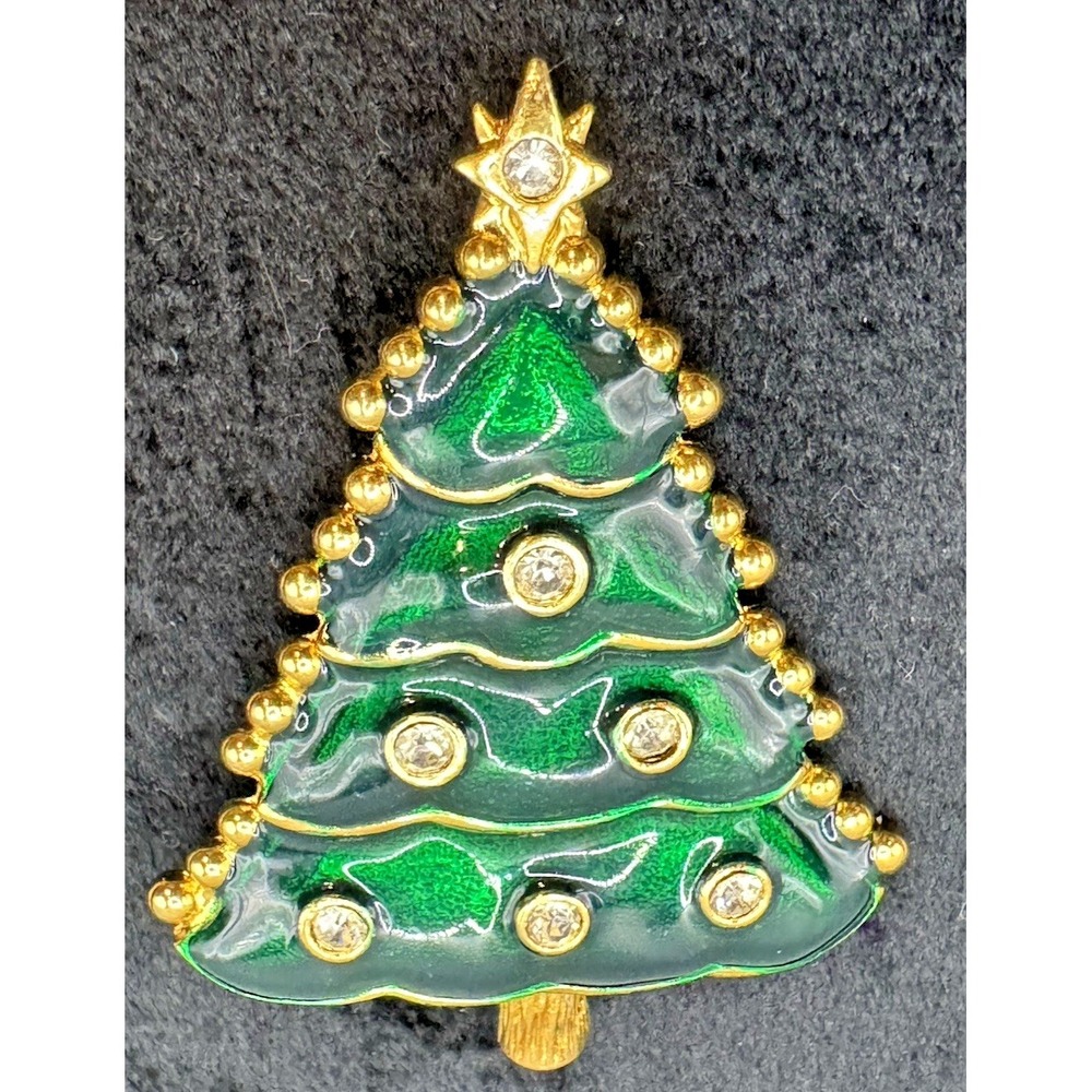 LIA Green Enamel Christmas Tree Brooch Gold Tone Rhinestone Star Pin